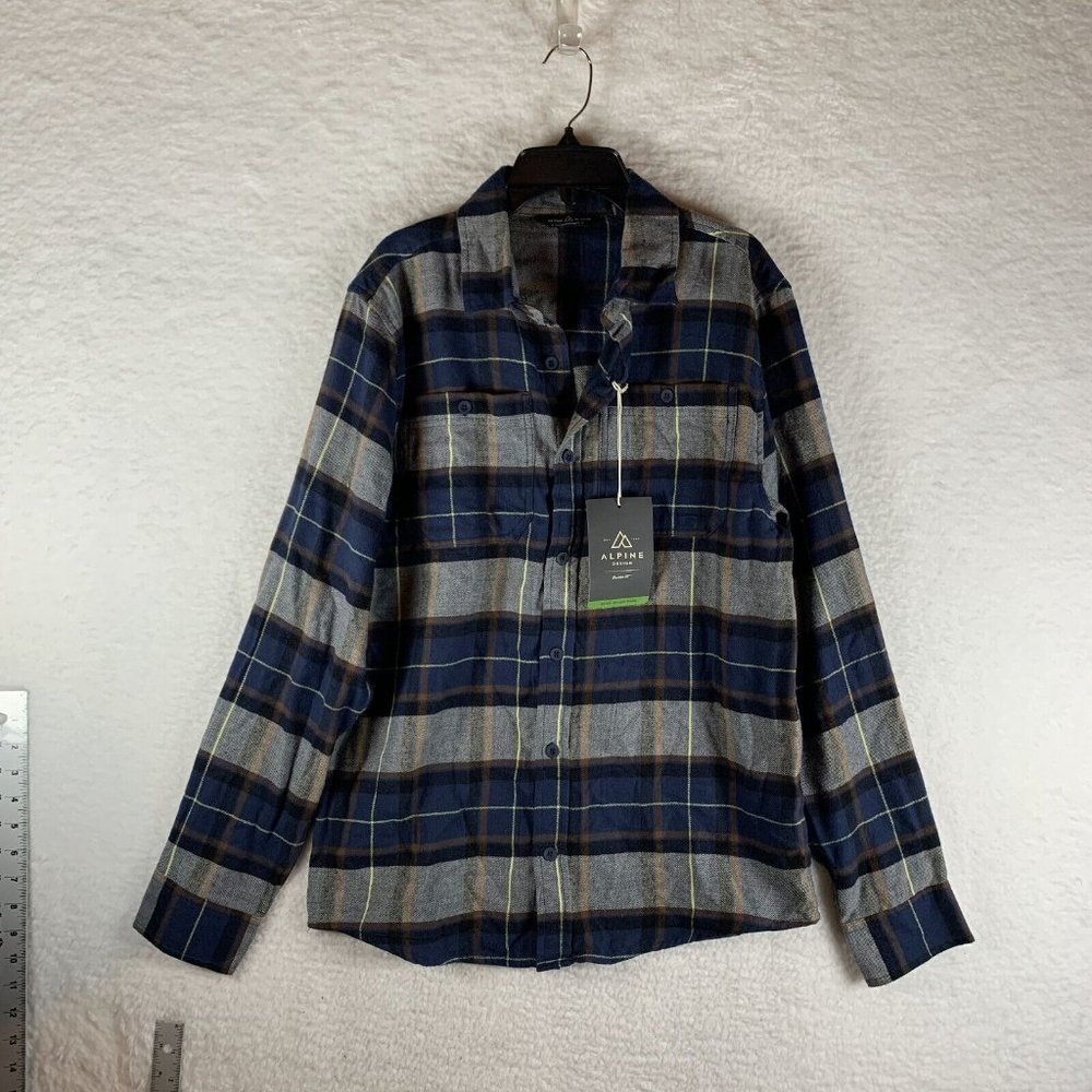 Alpine Design Flannel Shirt‎ Men's Small Navy Blue Plaid Cotton Button-Up 7038